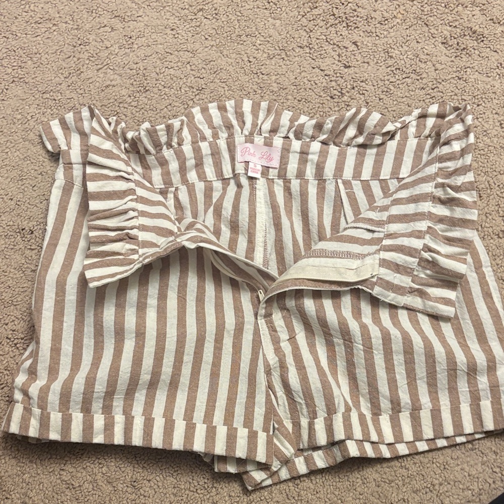 Pink Lily Beige & White Striped Paper Bag Women’s Shorts